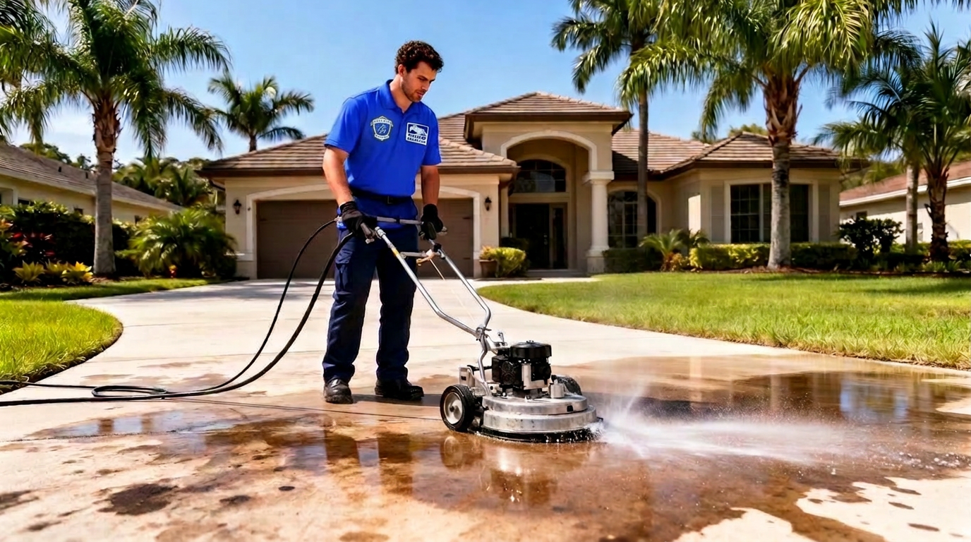 Royal Blue Washing pressure washing a home driveway in Oviedo, FL