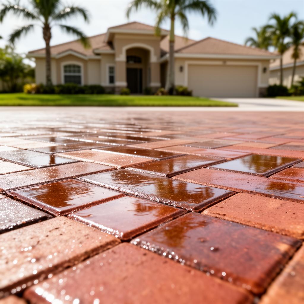 Freshly sealed brick paver driveway in Oviedo, FL