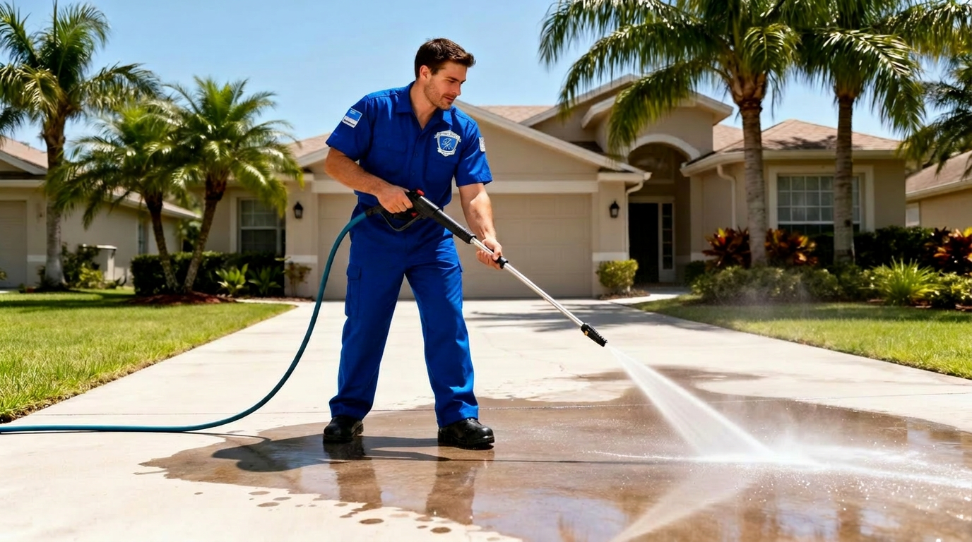 Pressure washing a concrete driveway in Winter Springs, FL